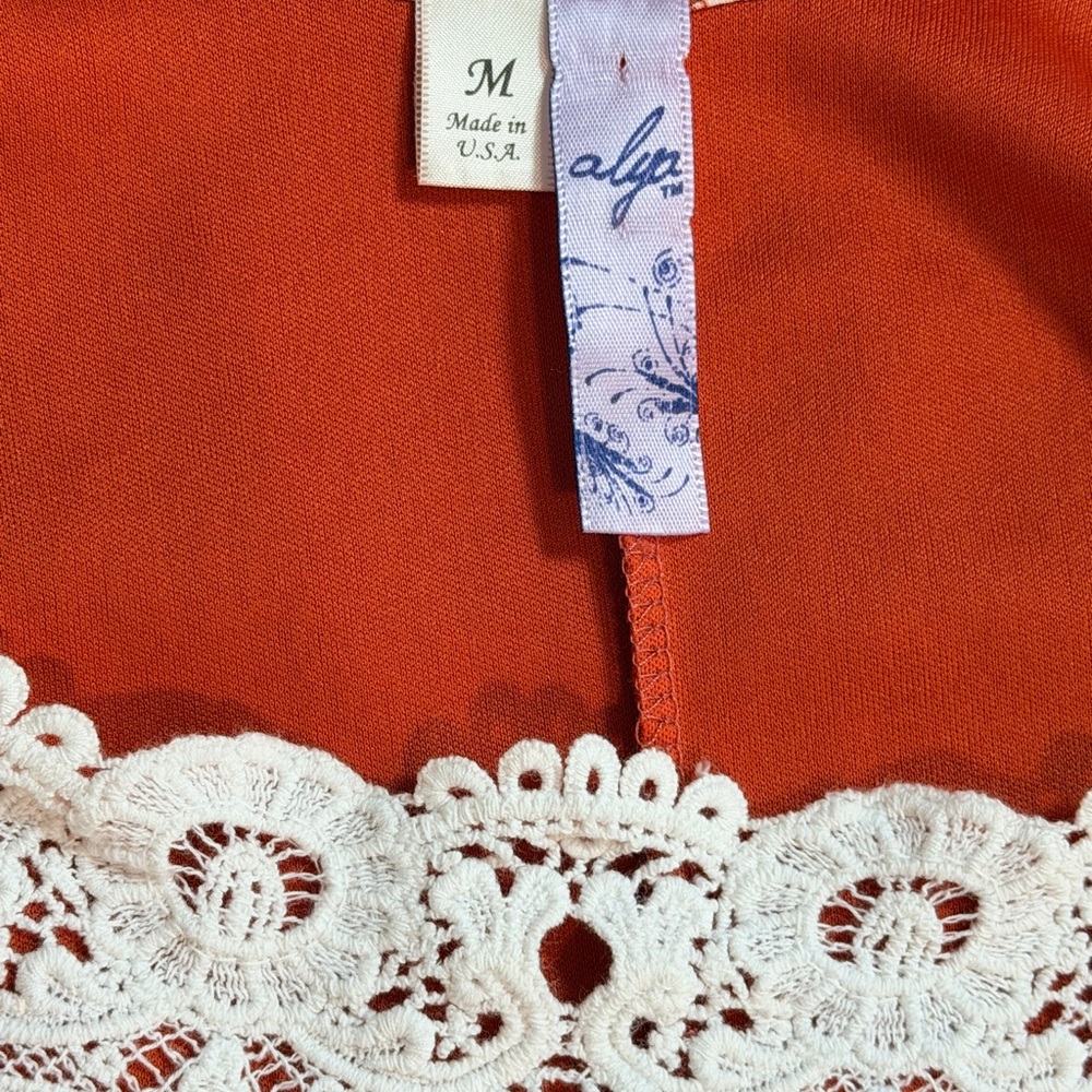 Alya Boho Rust Diamond Print Crochet Lace Trim Slip Boho Dress Medium - Picture 4 of 6
